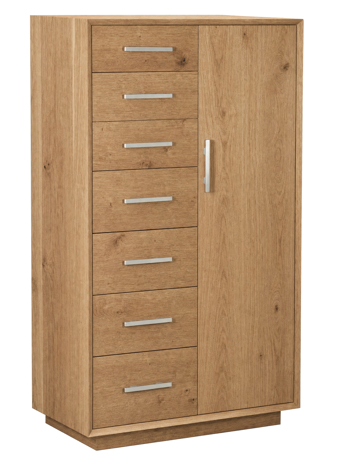 A tall wooden storage cabinet with seven drawers on the left and a single door on the right, finished in a warm oak wood grain with silver metal handles, shown on a plain white background.