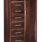 A tall wooden storage cabinet with six drawers on the left and a single door on the right, featuring a rich dark brown wood grain finish and modern silver metal handles.
