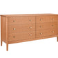 A mid-century modern six-drawer wooden dresser in a warm Cherry finish, featuring small round brass knobs, shown on a solid white background.