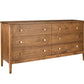 A mid-century modern wooden dresser with six drawers, featuring a warm medium-brown wood finish and small round brass knobs, shown on a plain white background.