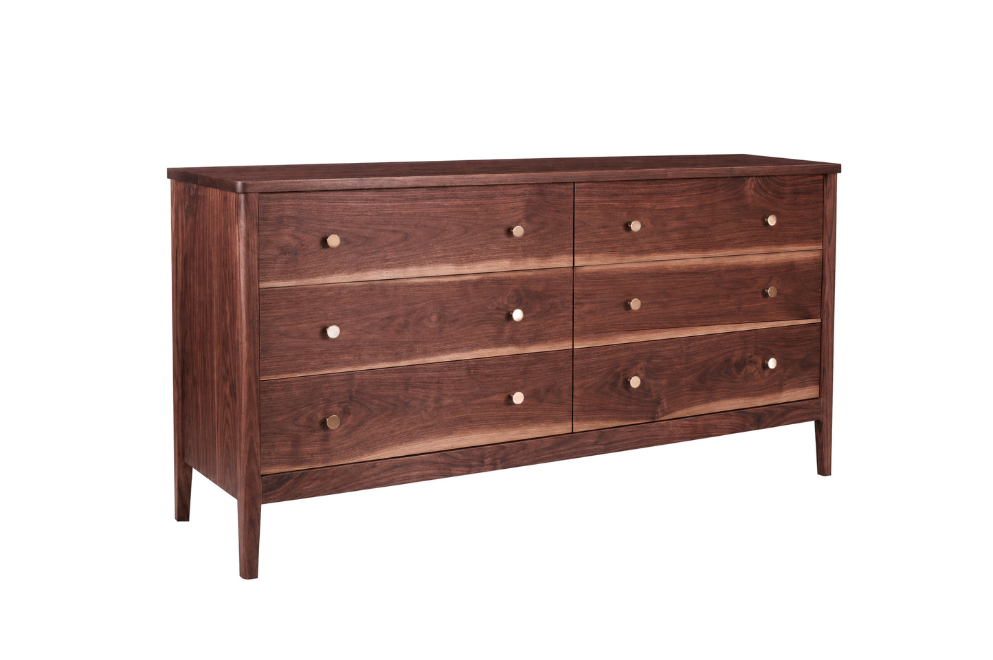 A mid-century modern six-drawer wooden dresser in a dark Walnut finish, featuring small round brass knobs, shown on a solid white background.