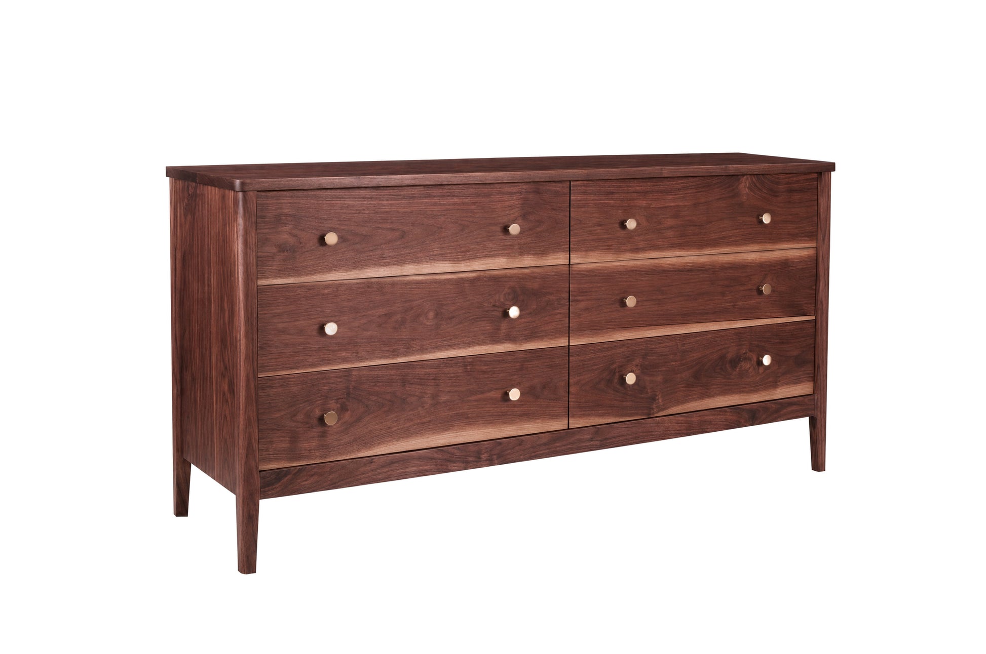 A mid-century modern six-drawer wooden dresser in a dark Walnut finish, featuring small round brass knobs, shown on a solid white background.