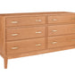 A contemporary wooden dresser with a Cherry finish and brass pulls, shown from a three-quarter angle on a white background.