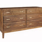 A contemporary wooden dresser with a dark brown finish and brass pulls, shown from a three-quarter angle on a white background.