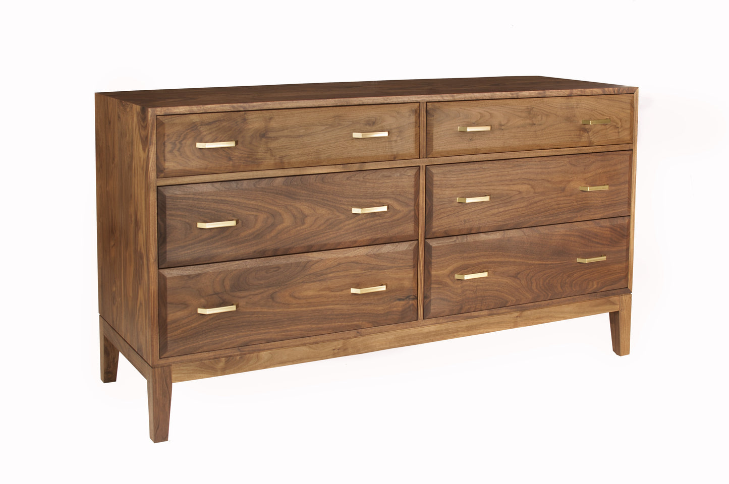 A contemporary wooden dresser with a dark brown finish and brass pulls, shown from a three-quarter angle on a white background.