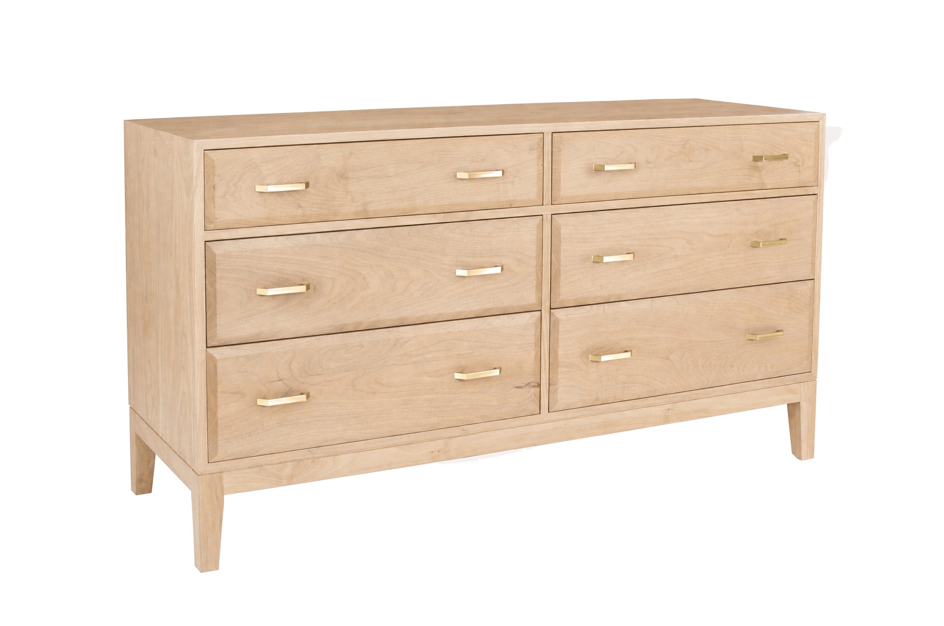 A contemporary wooden dresser with a Maple finish and brass pulls, shown from a three-quarter angle on a white background.