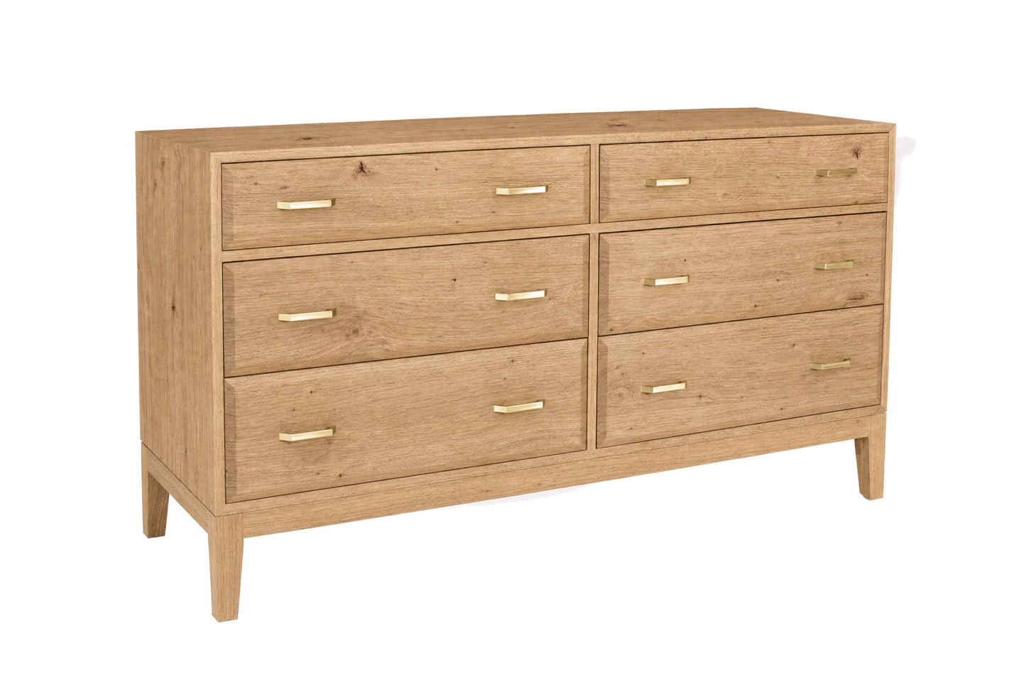 A contemporary wooden dresser with an Oak finish and brass pulls, shown from a three-quarter angle on a white background.