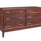 A contemporary wooden dresser with a dark brown finish and brass pulls, shown from a three-quarter angle on a white background.