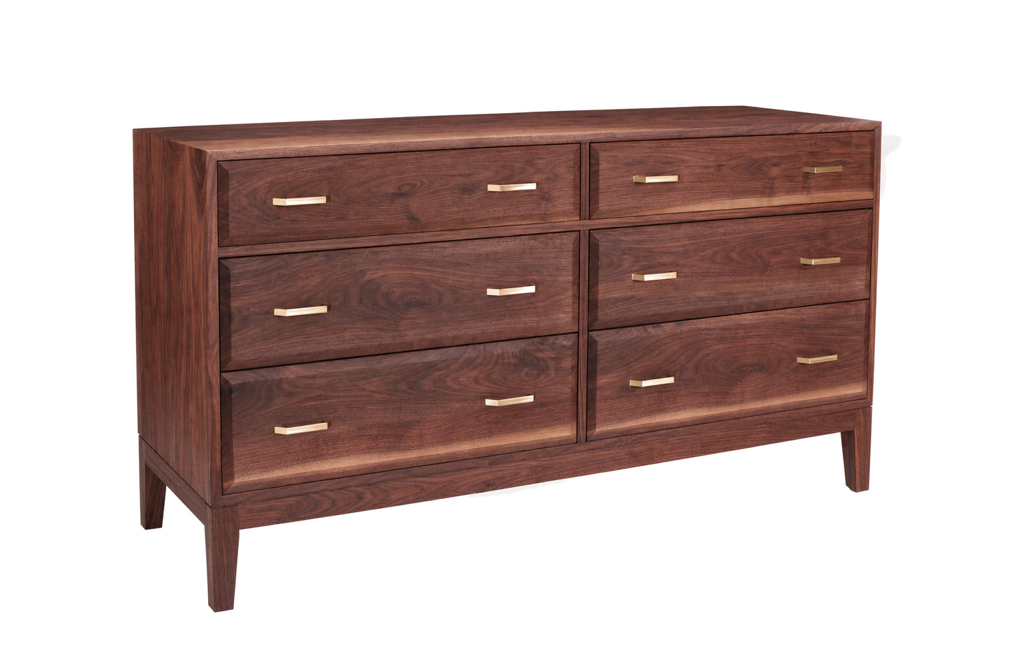 A contemporary wooden dresser with a dark brown finish and brass pulls, shown from a three-quarter angle on a white background.