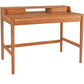 A mid-century modern wooden writing desk with a warm orange-brown finish, featuring a top shelf with two small drawers, a central drawer, and a lower support rail, shown on a plain white background.