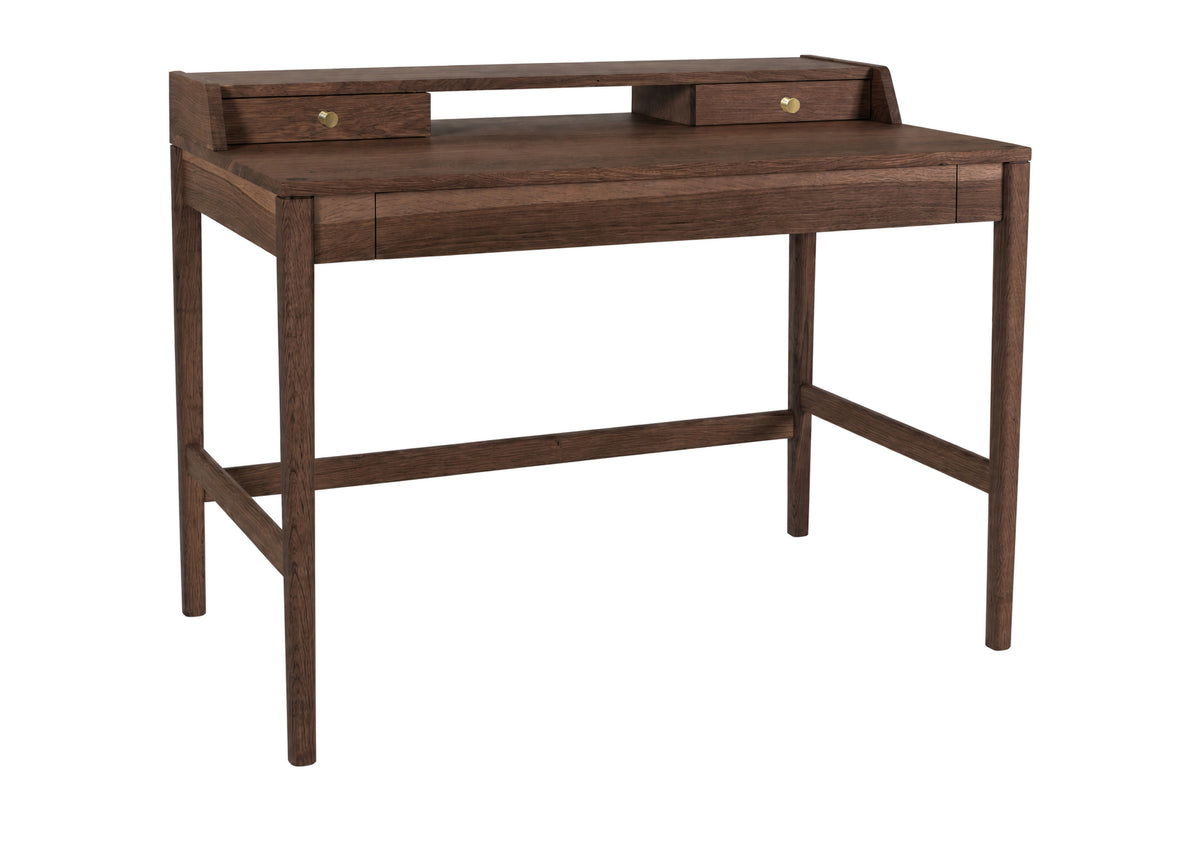 A dark brown wooden writing desk with a hutch featuring two small drawers with brass knobs, set against a plain white background.