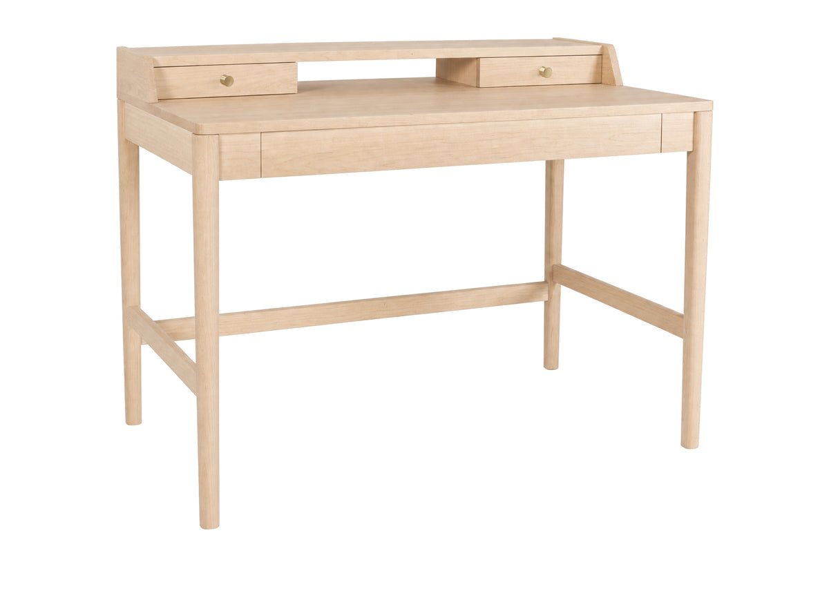 A light natural wood writing desk with a top shelf, two small drawers on the back panel, and brass-colored knobs, shown on a solid white background.