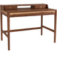 A mid-century modern wooden writing desk with a warm walnut finish, featuring a top shelf with two small drawers and brass knobs, set against a plain white background.