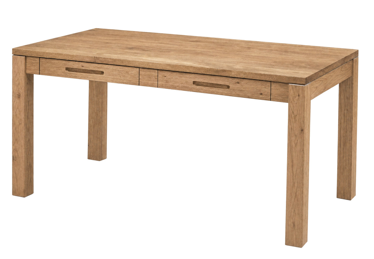 A light oak wood writing desk with three drawers and recessed handles, shown from a three-quarter angle on a white background.