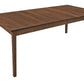 A dark brown wooden extendable dining table with a rectangular shape and four legs, shown on a solid white background.