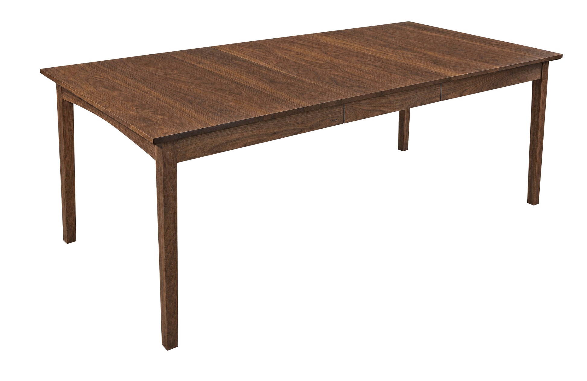A dark brown wooden extendable dining table with a rectangular shape and four legs, shown on a solid white background.