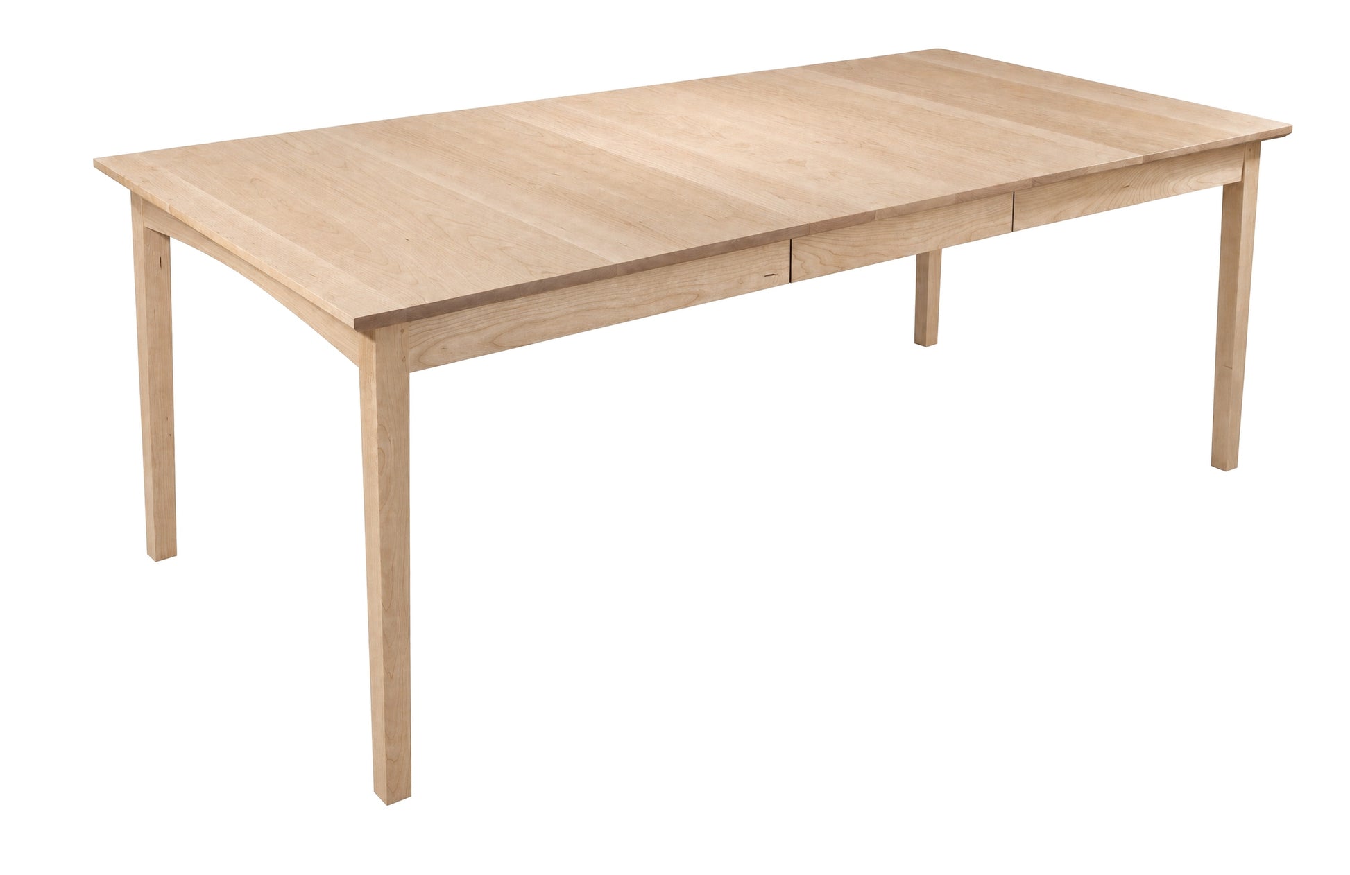 A light natural wood extendable dining table with a rectangular top and four legs, shown on a plain white background.
