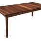 A dark brown wooden extendable dining table with a rectangular shape and four legs, shown on a solid white background.