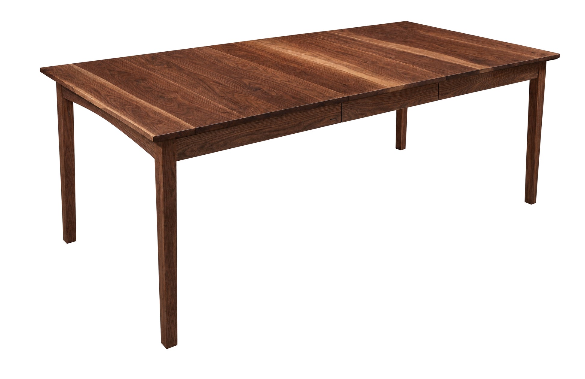 A dark brown wooden extendable dining table with a rectangular shape and four legs, shown on a solid white background.