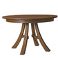 A round wooden dining table with a medium brown finish and curved legs, shown on a solid white background.