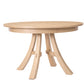 A round wooden dining table with a natural Maple finish, featuring a thick round tabletop and three curved legs joined by a central stretcher, shown on a solid white background.