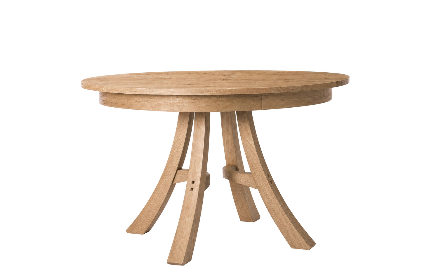 A round wooden dining table with a natural oak finish, featuring a thick round tabletop and three curved legs joined by a central stretcher, shown on a solid white background.