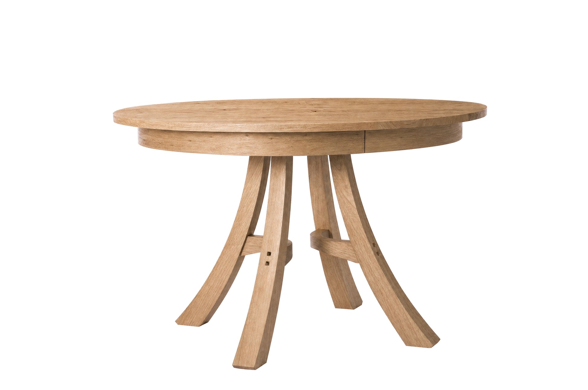 A round wooden dining table with a natural oak finish, featuring a thick round tabletop and three curved legs joined by a central stretcher, shown on a solid white background.