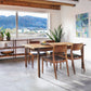 Wood dining table with chairs in a bright room with large window that has a view of forest. 