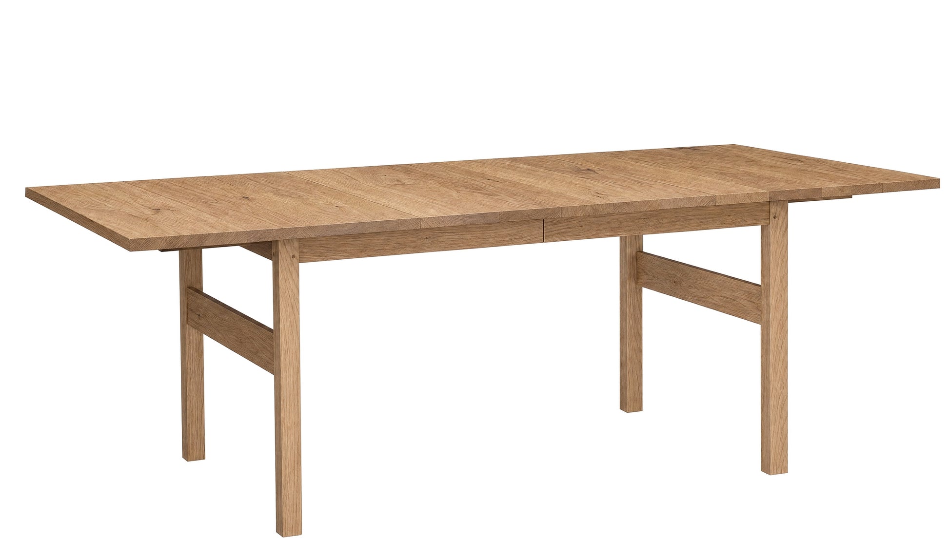 A light Oak wooden extendable dining table with a natural oak finish, shown from a three-quarter angle on a solid white background.
