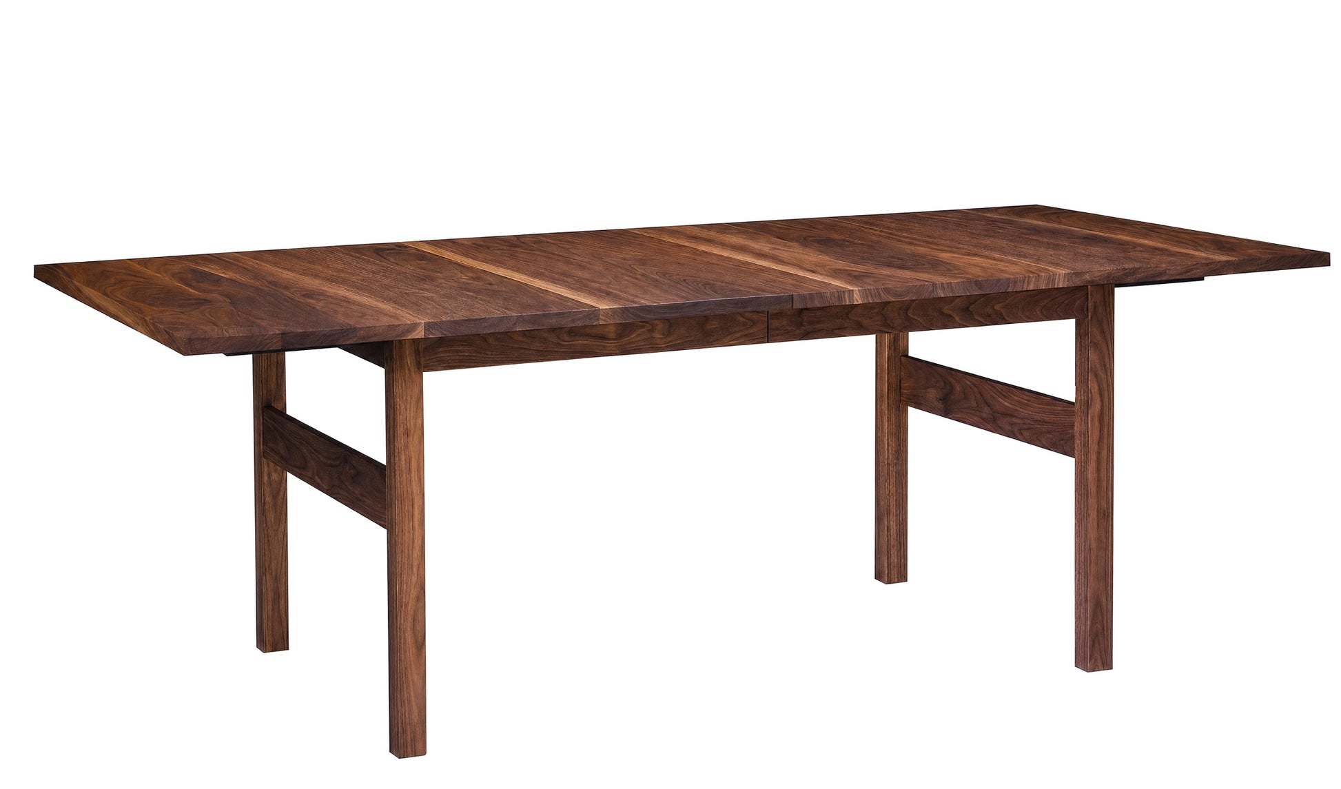 A dark Walnut wooden extendable dining table with a rich wood grain finish and four legs, shown on a plain white background.