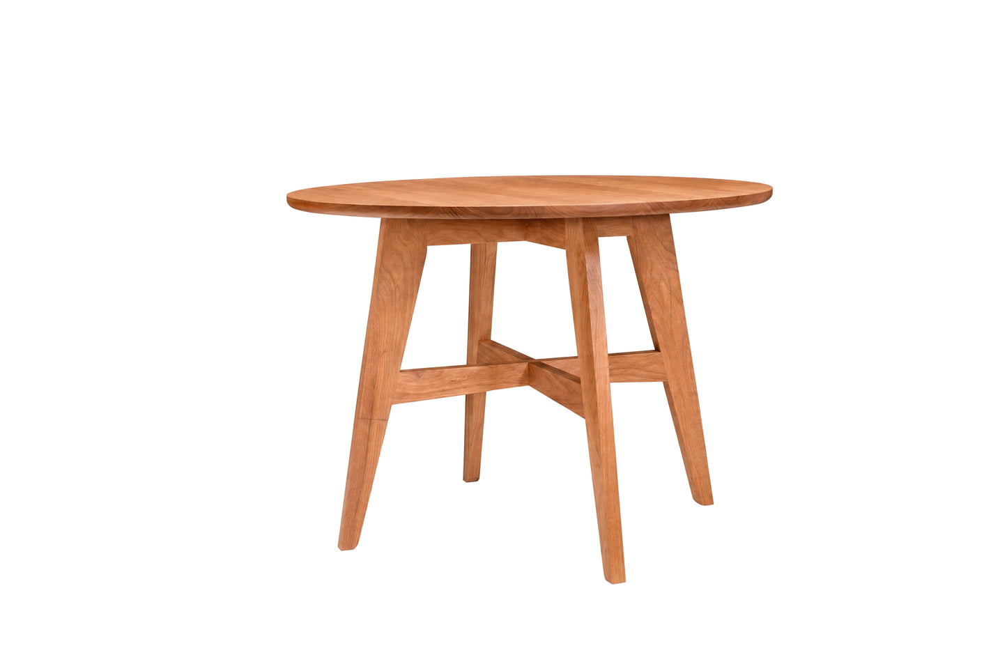 A round Cherry wooden dining table with four angled legs and a central crossbar, shown on a plain white background.