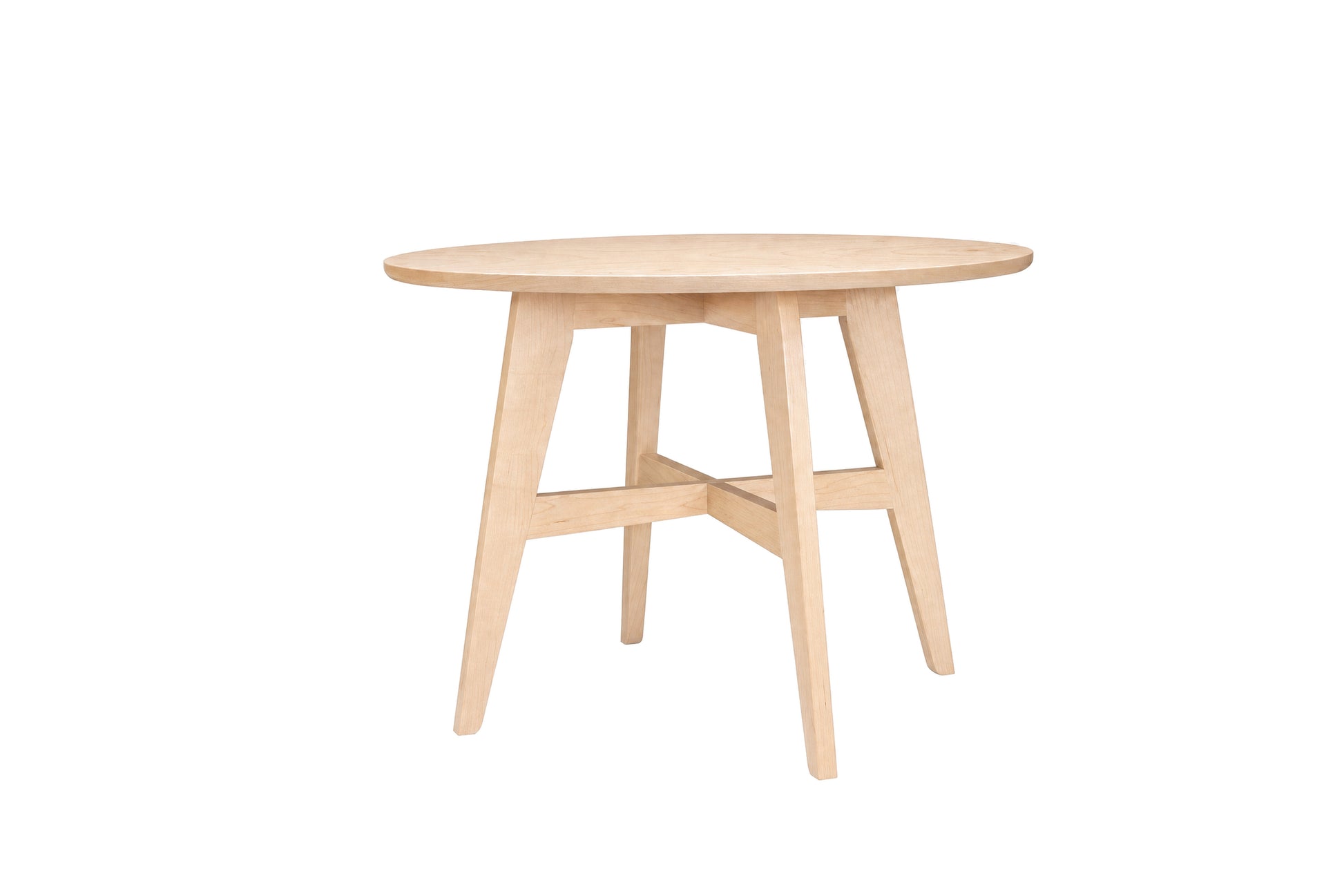 A light Maple wood round dining table with four angled legs and a central crossbar, shown on a plain white background.