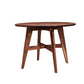 A round Walnut wooden dining table with angled splayed legs and a central stretcher bar, shown on a plain white background.