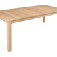 A light natural wood rectangular dining table with four legs and a visible center drawer, shown on a plain white background.