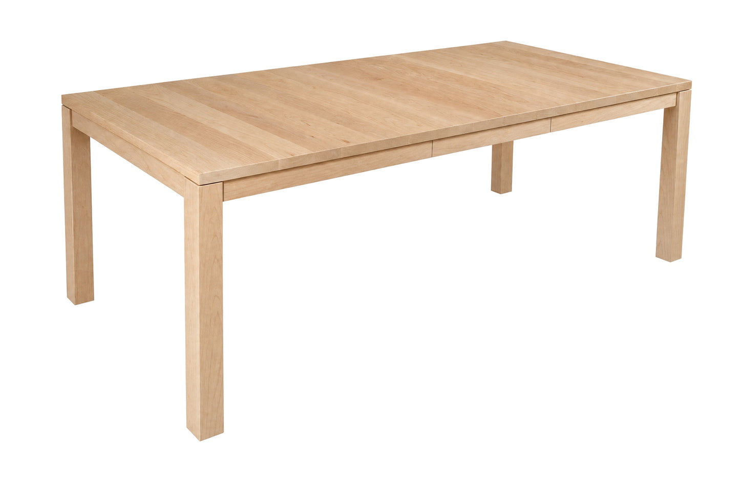 A light natural wood rectangular dining table with four legs and a visible center drawer, shown on a plain white background.