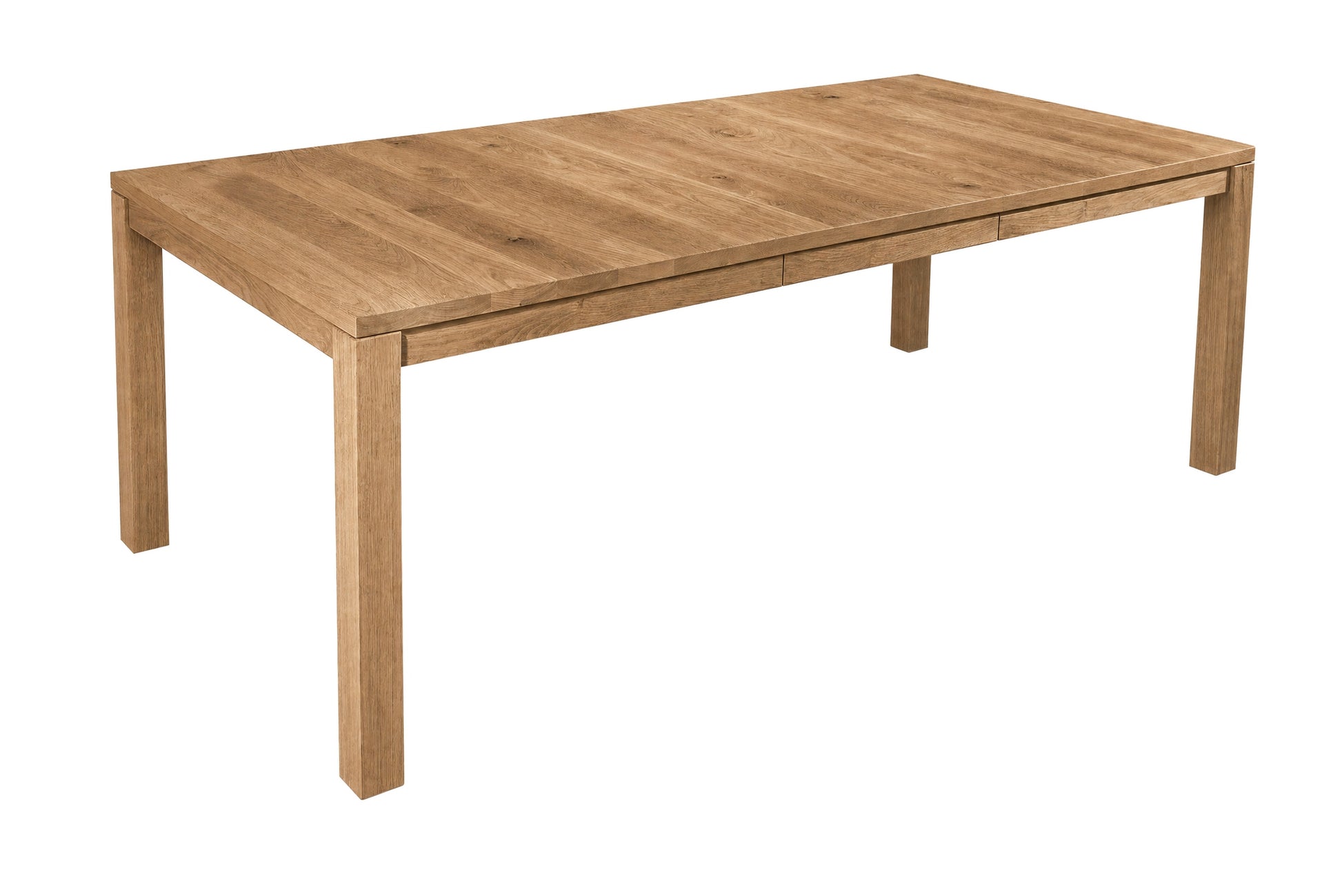 A rectangular wooden dining table with a natural oak finish, featuring four sturdy legs and a visible center drawer, shown on a solid white background.