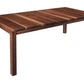 A rectangular wooden dining table with a dark brown wood grain finish and four sturdy legs, shown from a three-quarter angle on a solid white background.