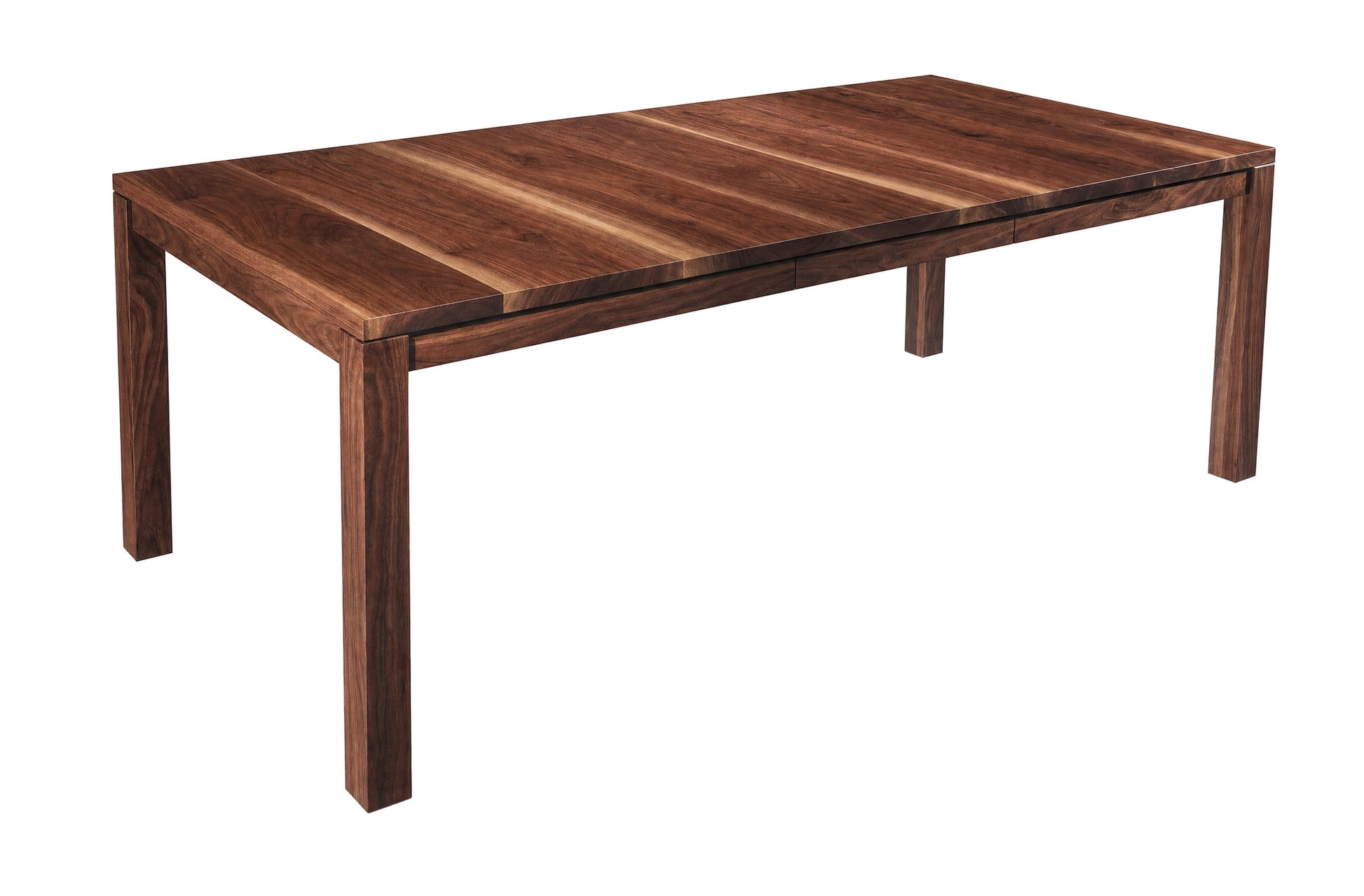 A rectangular wooden dining table with a dark brown wood grain finish and four sturdy legs, shown from a three-quarter angle on a solid white background.