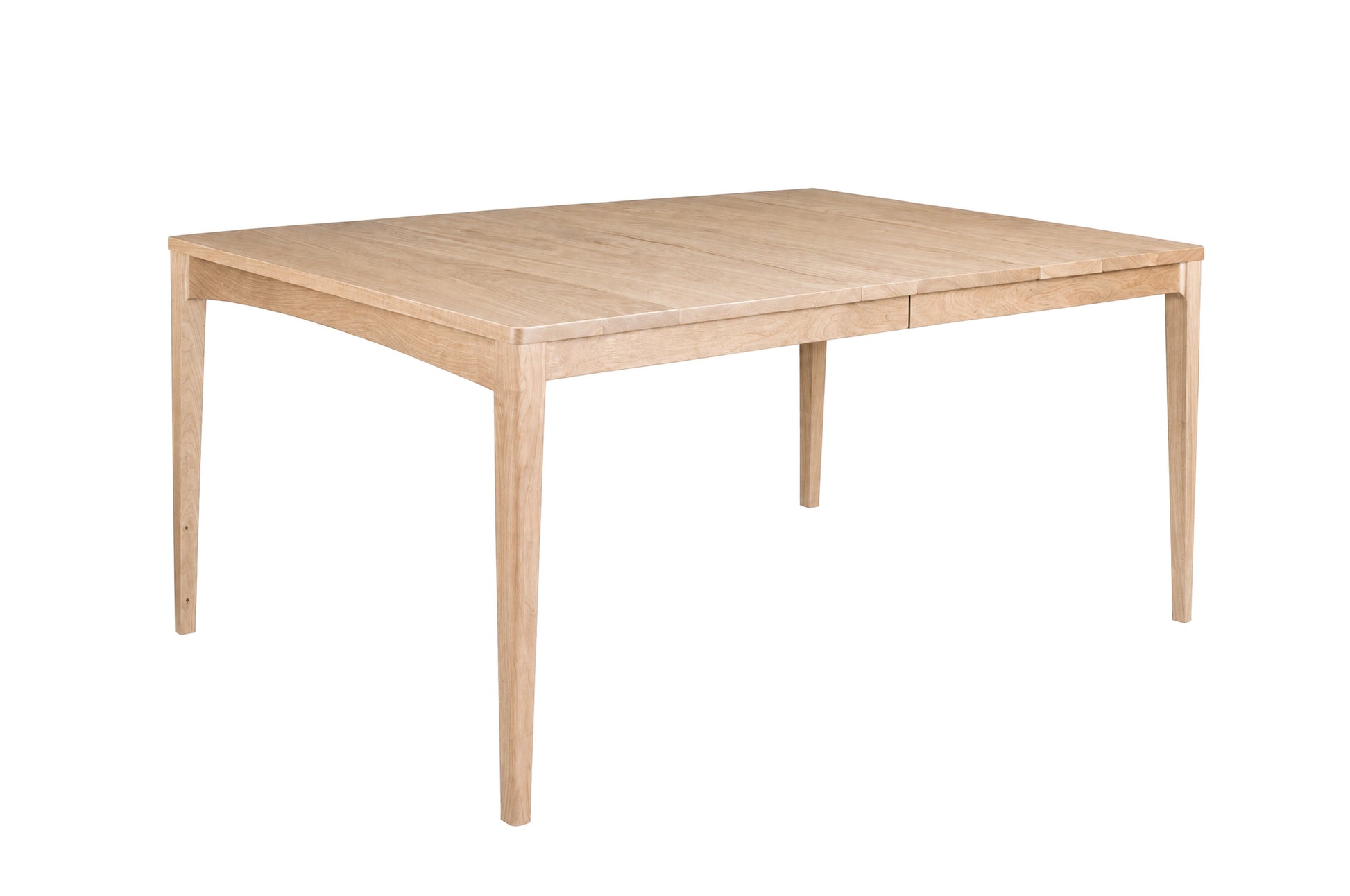 A light natural wood rectangular dining table with four tapered legs, shown on a plain white background.