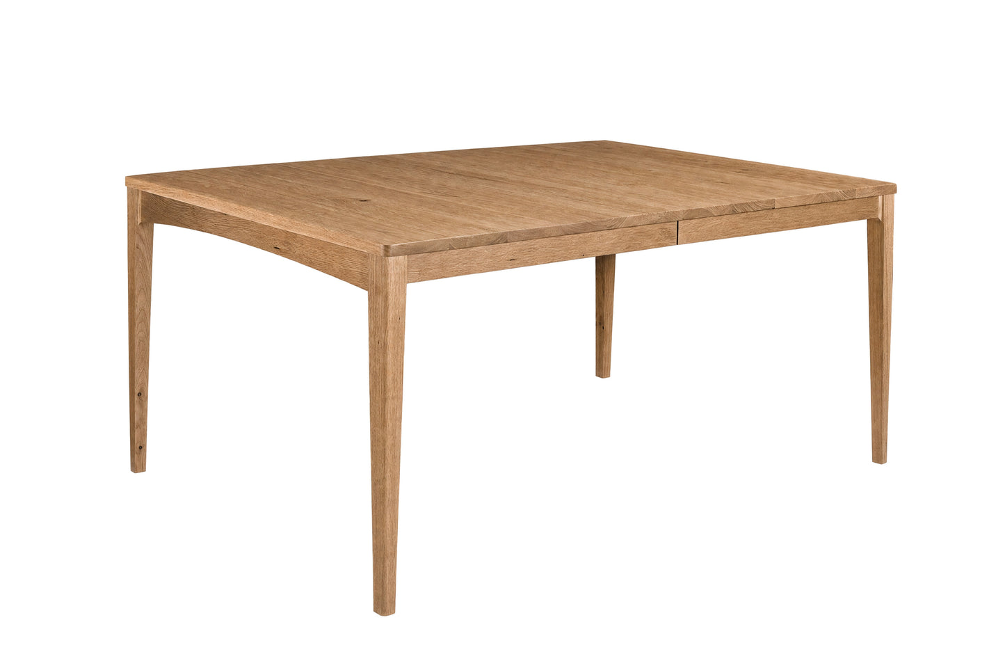 A rectangular wooden dining table with a natural oak finish, featuring four tapered legs and a center seam on the tabletop, shown against a plain white background.