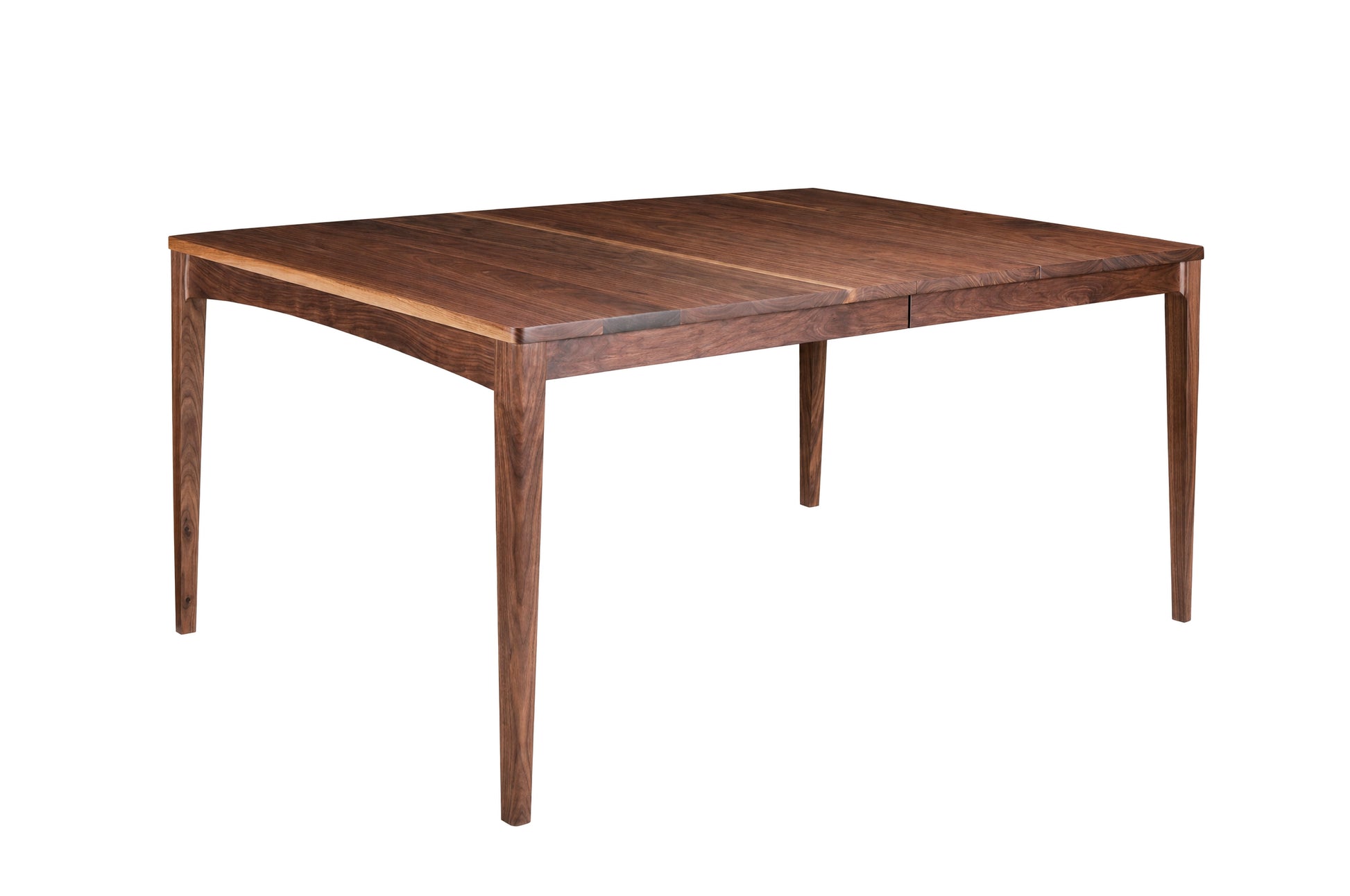 A dark brown wooden extendable dining table with tapered legs, shown from a three-quarter angle on a solid white background.