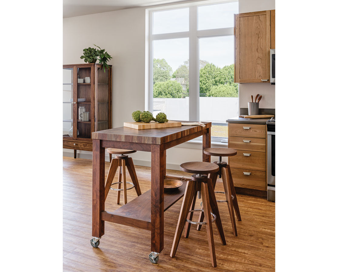 Medium Butcher Block Island in Western Walnut with Teton Stools and Whitman Curi