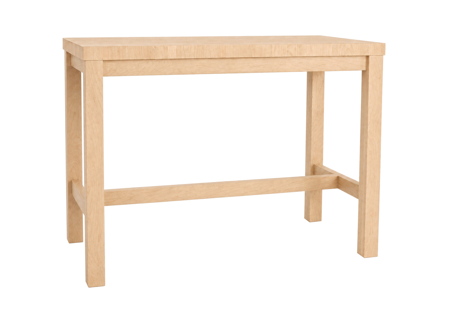 A light natural wood butcher block island with a rectangular top, four legs, and a front support rail, shown on a plain white background.
