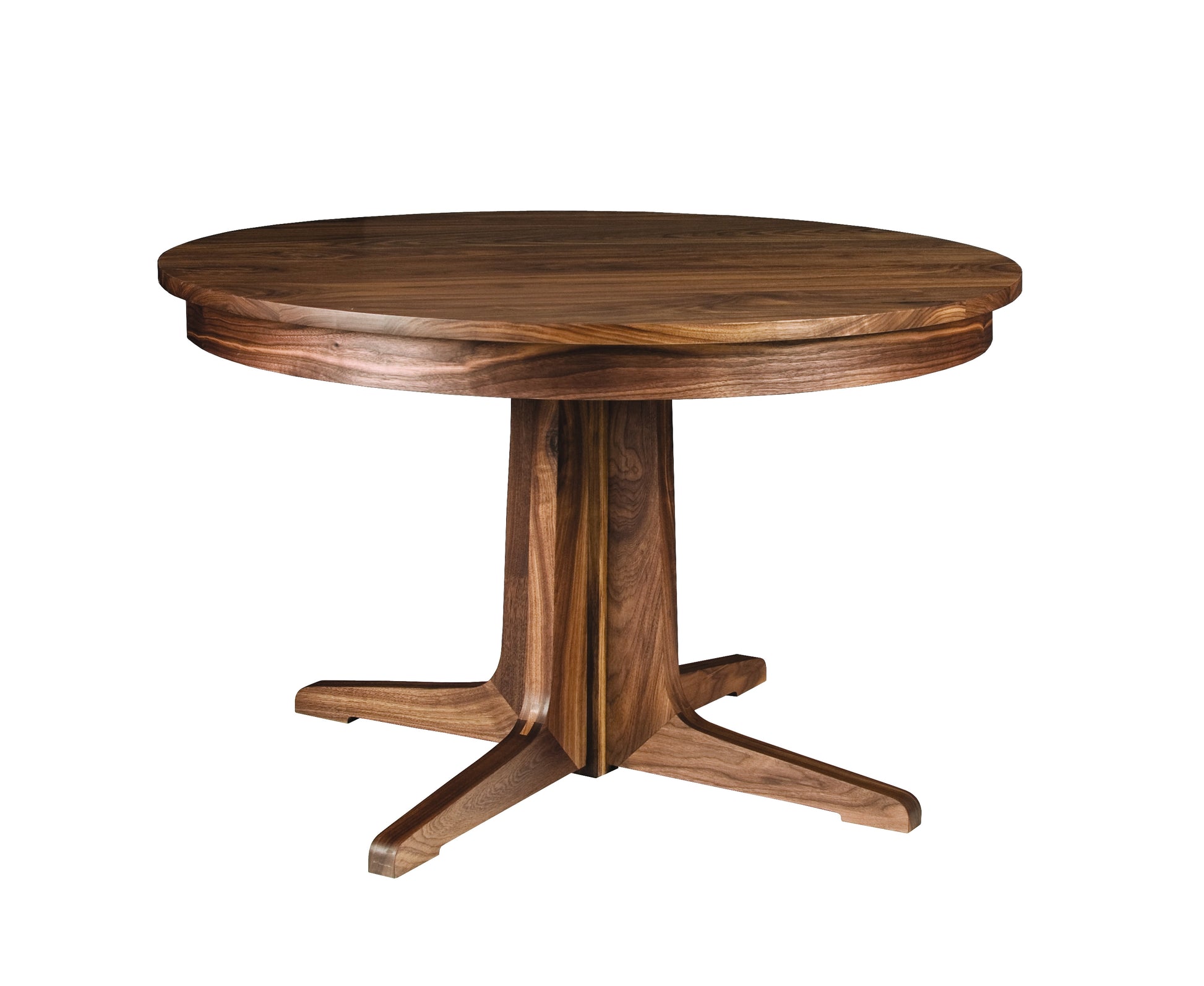 A round wooden pedestal dining table with a rich walnut-like finish, featuring a four-star base and a subtle shadow effect under the tabletop, isolated on a white background.