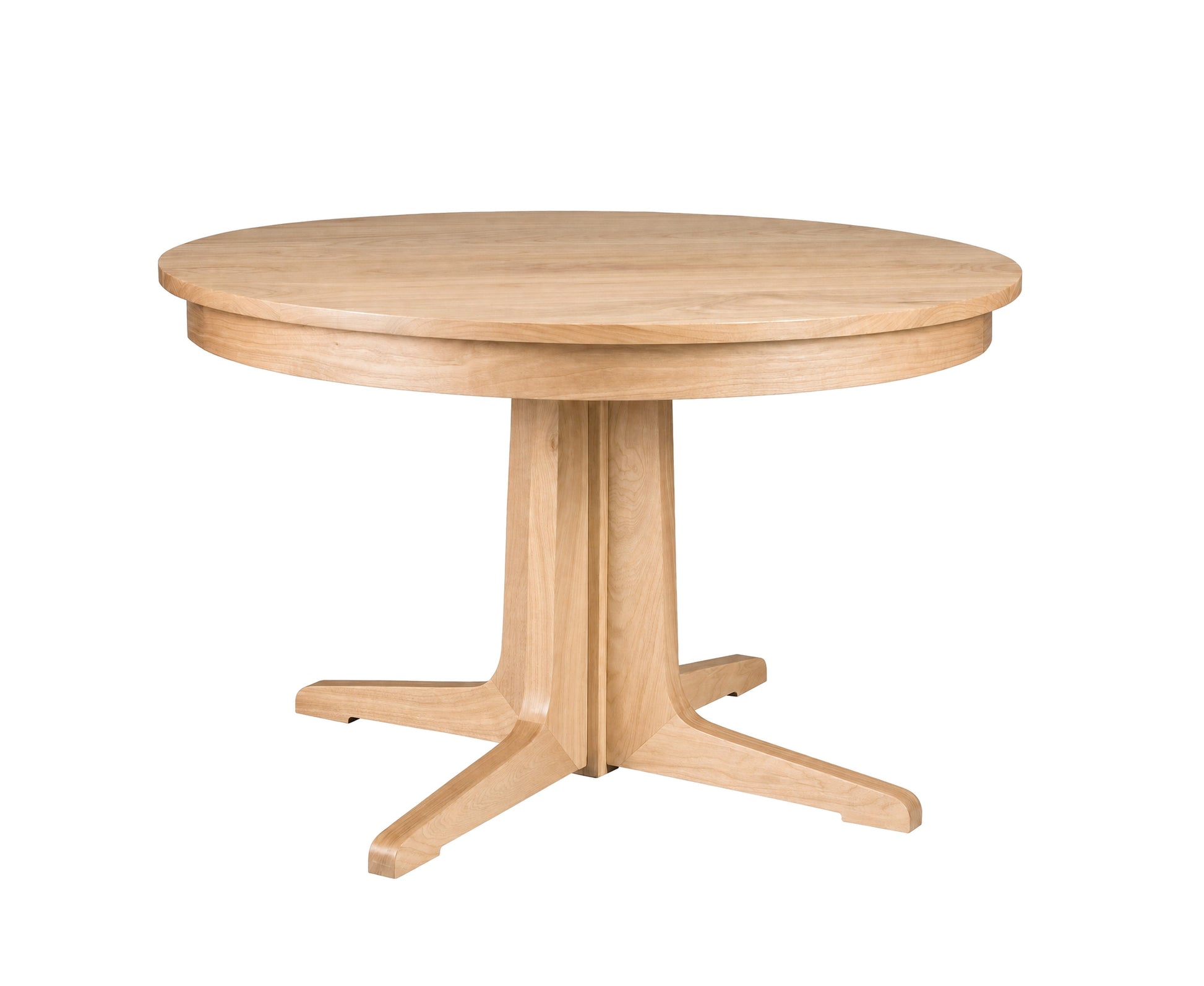 A round wooden dining table with a pedestal base, crafted from light natural Maple wood, shown against a plain white background.