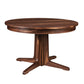 A round wooden pedestal dining table with a dark brown wood grain finish and a four-leg star base, shown on a solid white background.