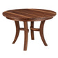 A round wooden dining table with a rich dark brown and medium brown striped wood grain finish, featuring curved legs and a central stretcher, shown on a solid white background.