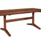 A dark brown wooden dining table with a rectangular top and a central stretcher base supported by two angled pedestal legs, shown on a plain white background.