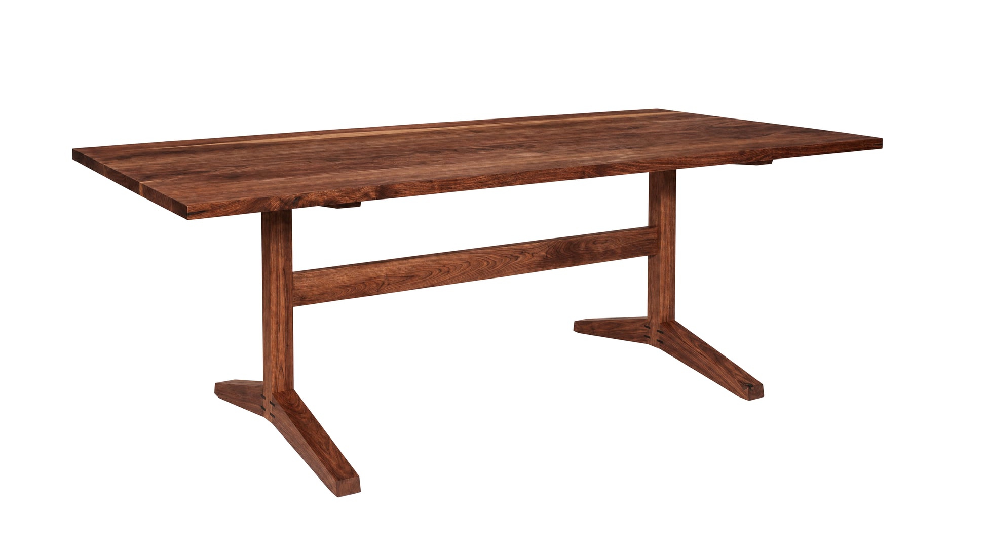 A dark brown wooden dining table with a rectangular top and a central stretcher base supported by two angled pedestal legs, shown on a plain white background.