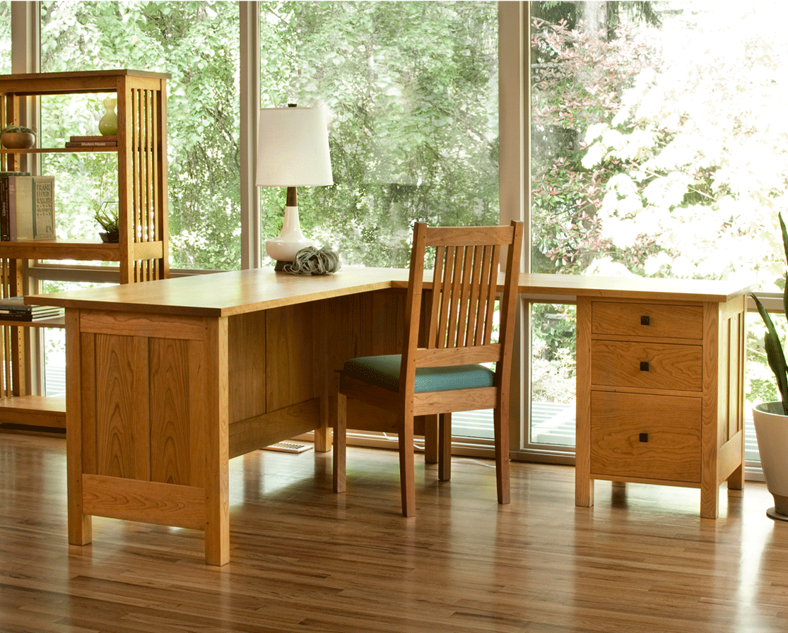 Doug L Desk in Cherry with Swinney Chair and MIssion Bookcase